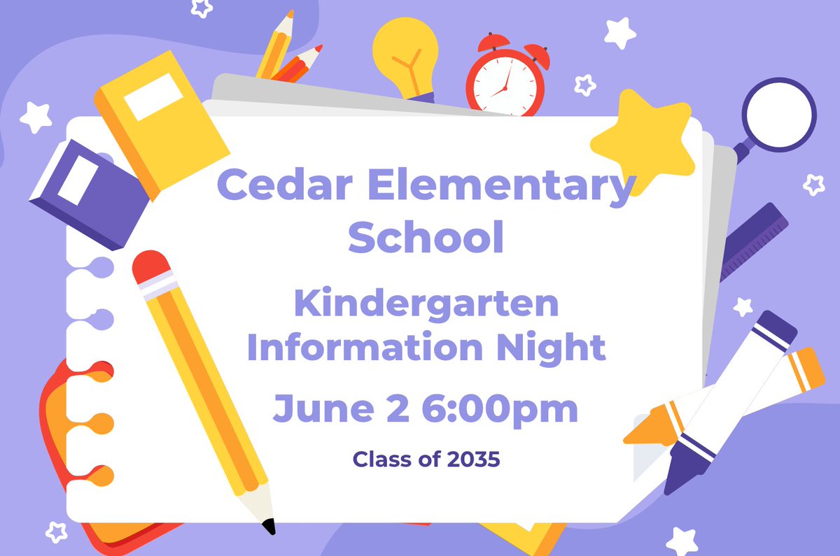 CedarElementary's tweet photo. Get ready for the Hanover Public Schools Class of 2035 Kindergarten Information Night, June 2, 2022. The information night is scheduled to start at 6:00 PM, at Cedar School, 265 Cedar Street. https://t.co/X8wyqrbQW8