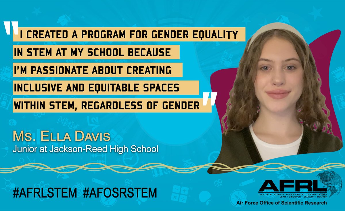 AFOSR's tweet photo. Ms. Ella Davis, junior @JacksonReedHSDC, is a current intern in the @ossedc career and technical education program with AFRL/AFOSR. Ms. Davis’s project focused on identifying barriers that young people face when pursuing STEM pathways. #STEM #AFRLSTEM #AFOSRSTEM #STEMPathways https://t.co/3oi4eX5Ld9