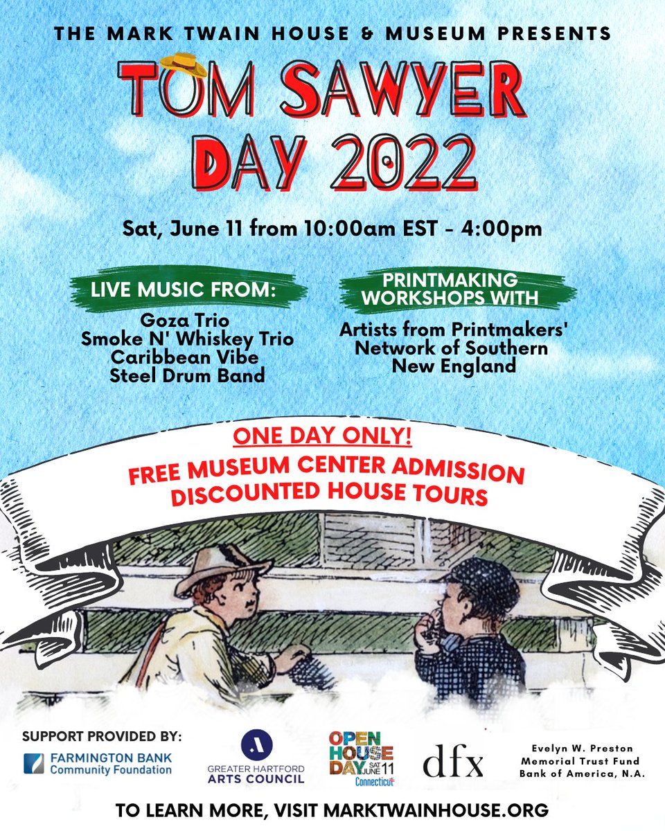 TwainHouse's tweet image. Mark your calendars for Tom Sawyer Day 2022 - Sat, June 11 starting at 10:00am ET LIVE IN-PERSON at The Mark Twain House &amp;amp; Museum!

Join us for a day of free activities and discounted house tours!
 
LEARN MORE here: marktwainhouse.org/event/tom-sawy…

#hartford #explorect #connecticut #ct