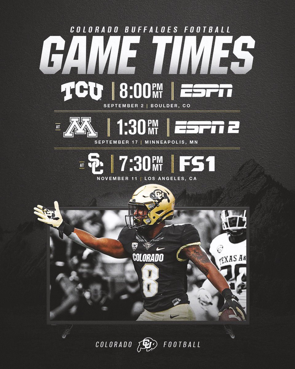 CUBuffs's tweet photo. 𝗜𝗖𝗬𝗠𝗜: Game times &amp; TV are locked in for 4 @CUBuffsFootball games 🔒

📝 https://t.co/MmOfbnuDso

#GoBuffs 🦬 https://t.co/ptc1DAJkok