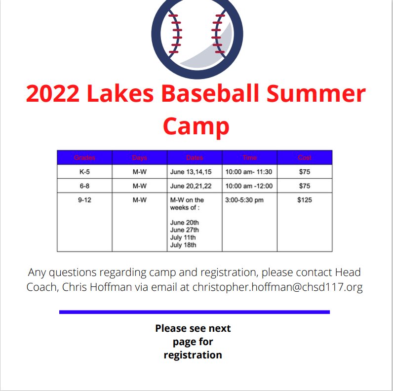 LVTB_Baseball's tweet photo. Calling all #LVTB baseball players. Lakes Summer Baseball Camp! Starts in two weeks. Make sure to contact Coach Hoffman to secure your spot! https://t.co/EzfWrhuikp
