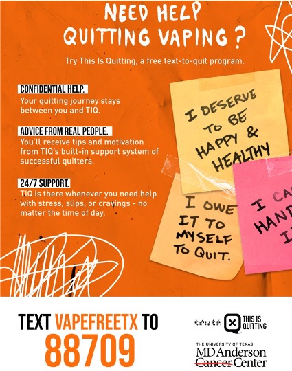 If you suspect your child is vaping, we encourage you to talk to your kids today! Youth can text VAPEFREETX to 88709 to receive free, anonymous, 24/7 support through this program. #WorldNoTobaccoDay