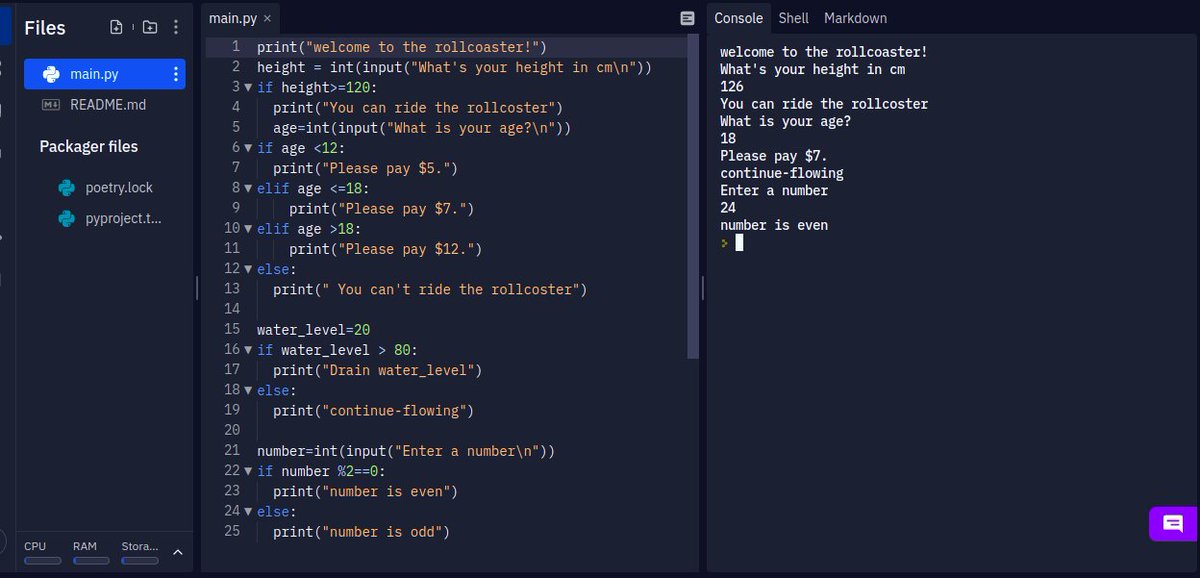 CKaninni's tweet photo. #100daysofcodechallenge
#codeHive2022 
#Day16
I worked on flow control in Python, and made a roll coster in Python. https://t.co/EaMMT5Liup