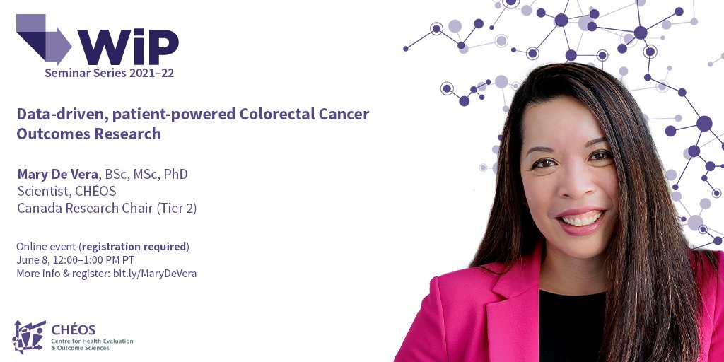 Advancinghlth's tweet photo. You're invited to our June #WiPSeminar!

CHÉOS Scientist Dr. @maryadevera will be presenting on data-driven, patient-powered #colorectal cancer outcomes research. 

Free to register here: https://t.co/4ko2zhTKaf

#webinar #CancerResearch @coloncanada @BCCancer https://t.co/jXCAfHrWEE