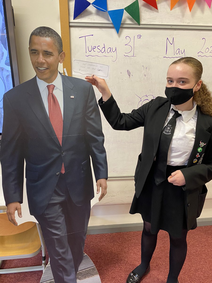 MissMitchellMS's tweet photo. S3 have been looking at different models of leadership - today was a case study of Obama. Kids were given scenarios then asked “What would Obama do?” They created their own quotes about compromise with the #WWOD 
@AlvaModStuds 
#modstuds #superstars https://t.co/EzIgBv75aw