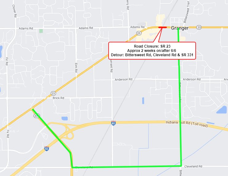 ISPBremen's tweet photo. Some great info from @INDOTNorthwest if you travel SR23 in Granger. The railroad crossing on SR23 near Princess Way will be repaired, causing SR23 to be closed. Find an alternate route for about 2 weeks.
#NextLevelRoads https://t.co/2RBXU6rsLP