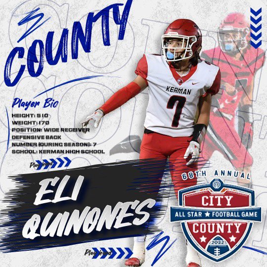 Congratulations Eli Quinones <a href="/eliquinones7/">Eli</a> from Kerman HS for being selected to the COUNTY team for 68th Annual City / County All-Star game on June 17th, 2022! <a href="/KermanLions/">Kerman Lions</a> <a href="/KermanFootball/">Kerman Football38</a> 
#citycountyallstars #citycountyallstargame 
#citycounty #allstar #football #game