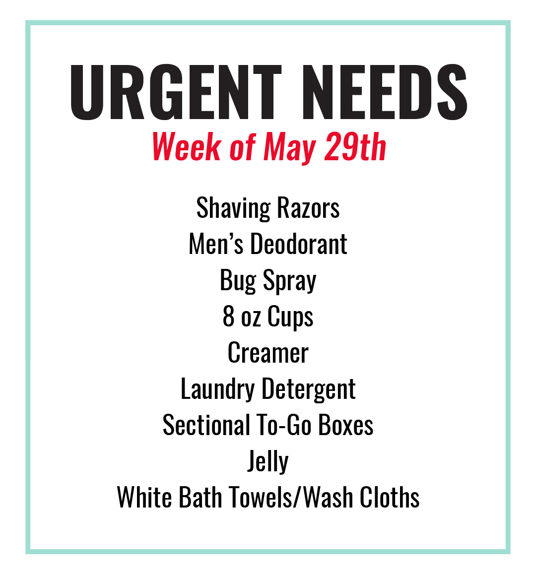 First Stop friends, we are in urgent need of the items listed below. If you have any questions about donations, please do not hesitate to call us at (256) 533-3391. 

We appreciate you, Huntsville! ❤️