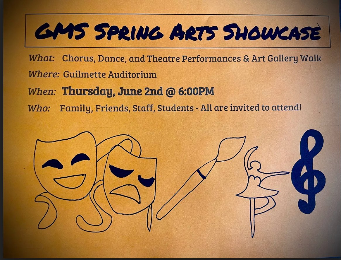 MiddleGuilmette's tweet photo. Calling all GMS families and friends: The GMS Spring Arts Showcase is back in-person!  All are welcome to attend.  Our students have been busy rehearsing in chorus, dance, and theatre and are excited to perform for you this Thursday, June 2nd at 6PM. https://t.co/VCyPuVo9Ac