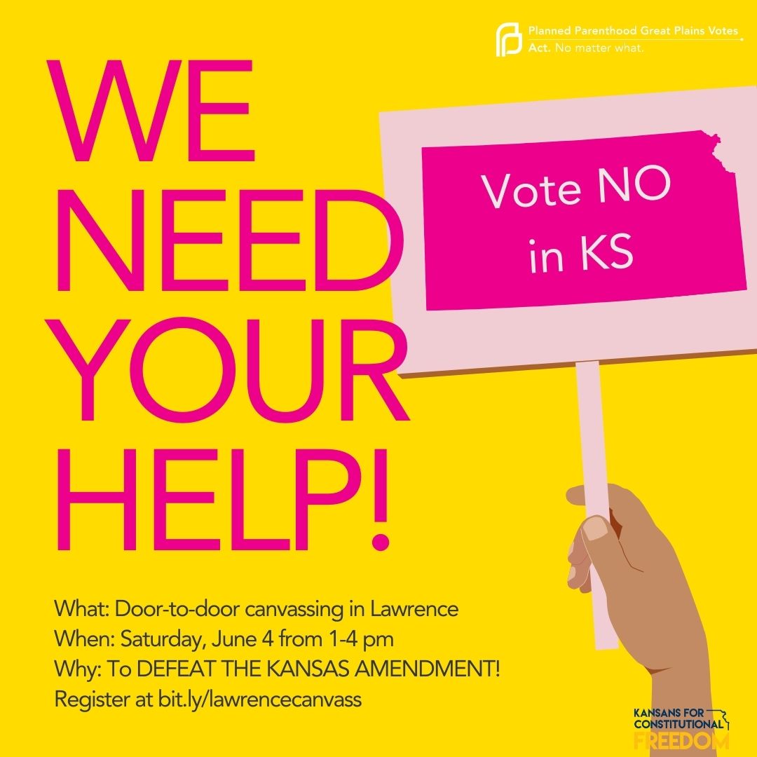 PPGPVotes's tweet photo. Kansas friends - join us in Lawrence this Saturday for a rally, march, and door-to-door canvassing to defeat the anti-abortion amendment!
 
Rally and march:
11am – 1pm
Sign up at https://t.co/Q14pgeyUOP
 
Door-to-door canvassing:
1 – 4pm
Sign up at https://t.co/23FtkoCMNp https://t.co/Zz9TcBnI4Q