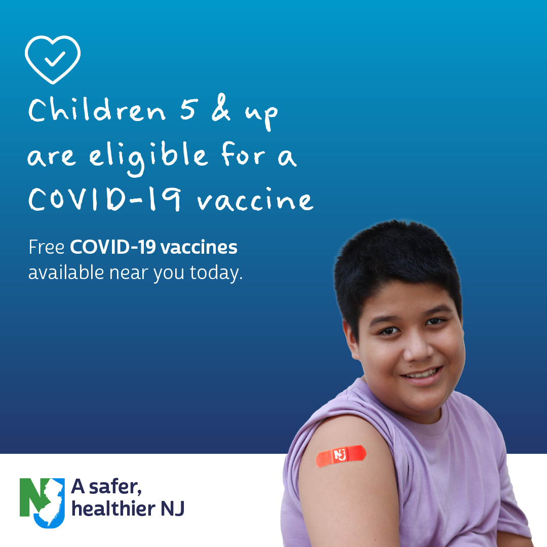 NJDeptofHealth's tweet photo. Get your child vaccinated today! If your child is 5 years or older, they're eligible for a COVID-19 vaccine. Find out how the vaccine can help protect your family’s health against COVID-19 and its variants by talking to your pediatrician. https://t.co/W9q4E8zRhB #COVID19 https://t.co/XguKlvTP9C
