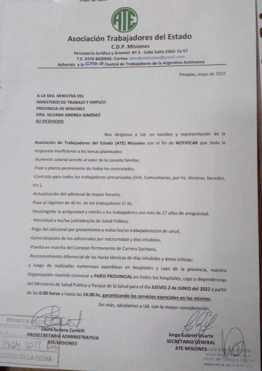 ❌PARO DE SALUD #Misiones 

🗣 <a href="/atemisiones/">ATE Misiones</a> y CTAA convocan a paro provincial de salud en todos los hospitales, caps y dependencias del Ministerio de Salud y del Parque de la Salud para jueves 2

🤔 ¿RECLAMO?
✅ 8% insuficiente.
✅ Aumento salarial
✅ Pase a planta permanente.