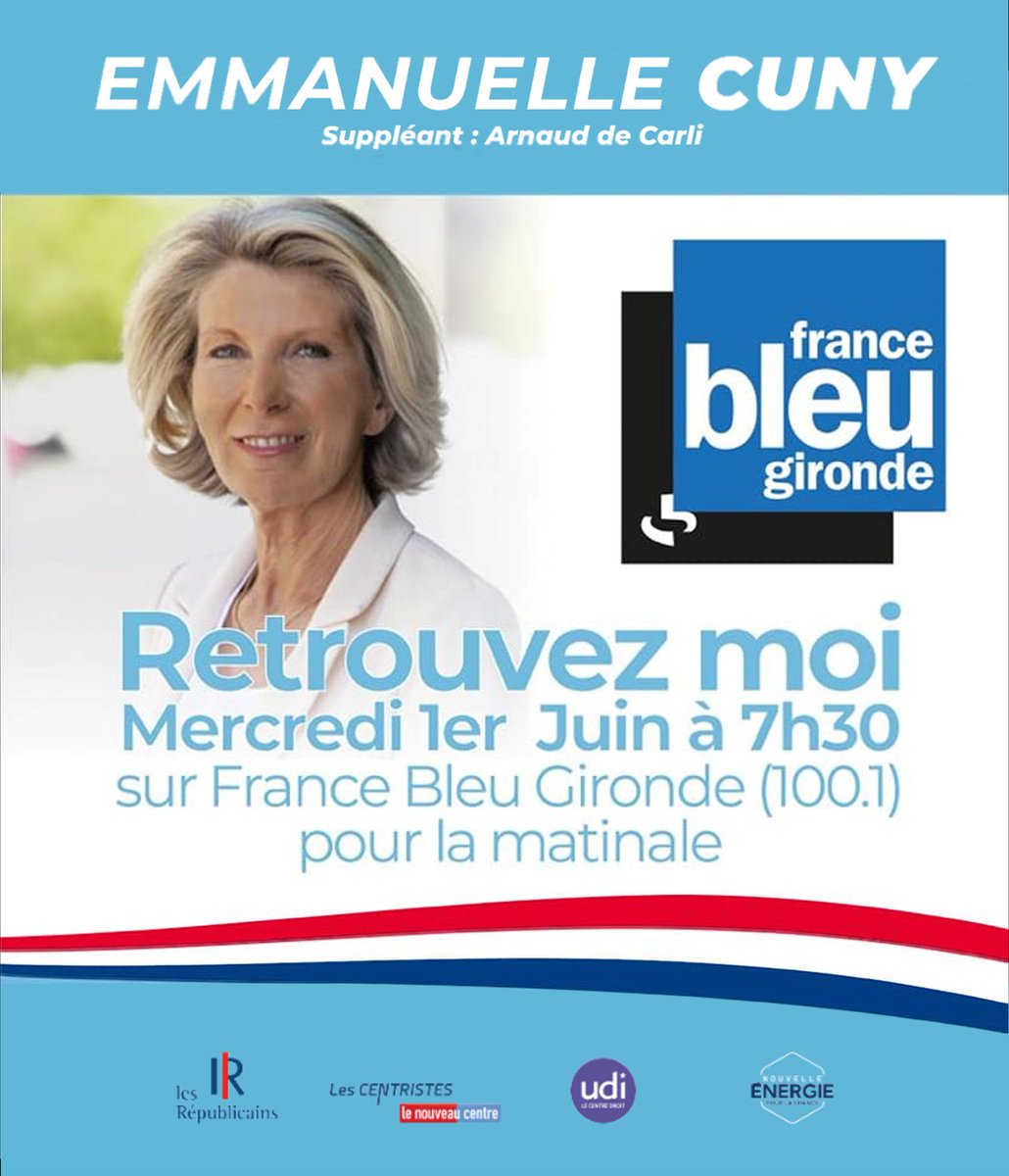 CunyDeCarli2022's tweet photo. Retrouvez moi demain sur la matinale de @Bleu_Gironde à partir de 7h30.
Branchez-vous sur 100.1 📻 https://t.co/XhaHmRQnzc