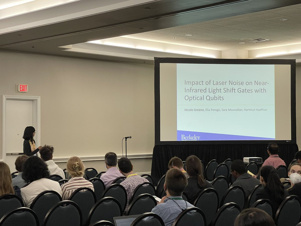 Berkeley_ions's tweet photo. Nicole Greene presents at #DAMOP22 about our progress toward near-infrared light shift gates on optical qubits. https://t.co/N0isgnLG9h
