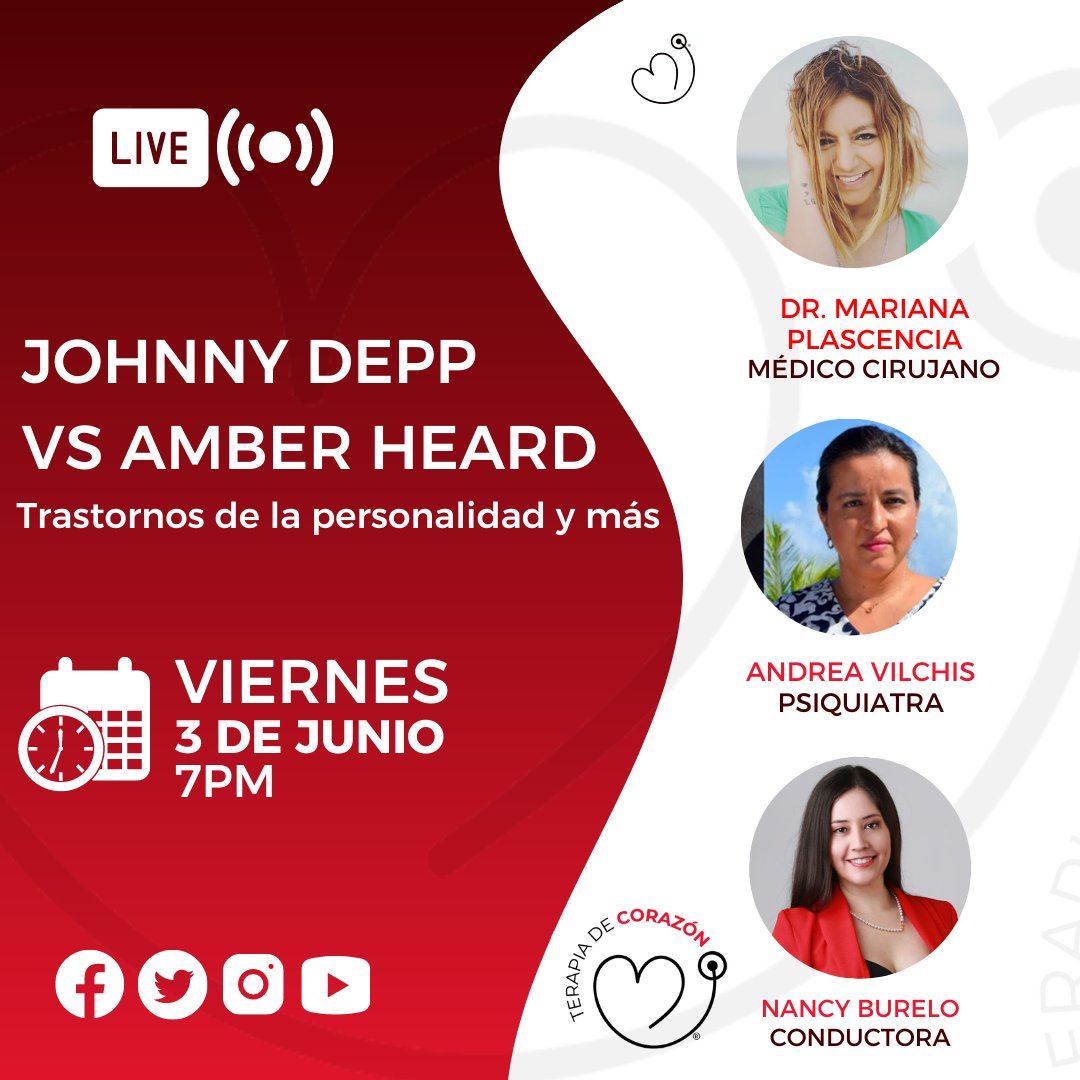 terapiadcorazon's tweet photo. ¡Viernes de podcast! @DoctoraVilchis 
Hablaremos del cierre del juicio de #JohnnyDepp vs #AmberHeard 
Temas:
✨Trastornos de personalidad.
✨Síndrome post traumático
✨Violencia en pareja
✨Relaciones tóxicas
✨Ética de los especialistas en salud mental 
https://t.co/3lQstccTjO https://t.co/HUANLpUlBl