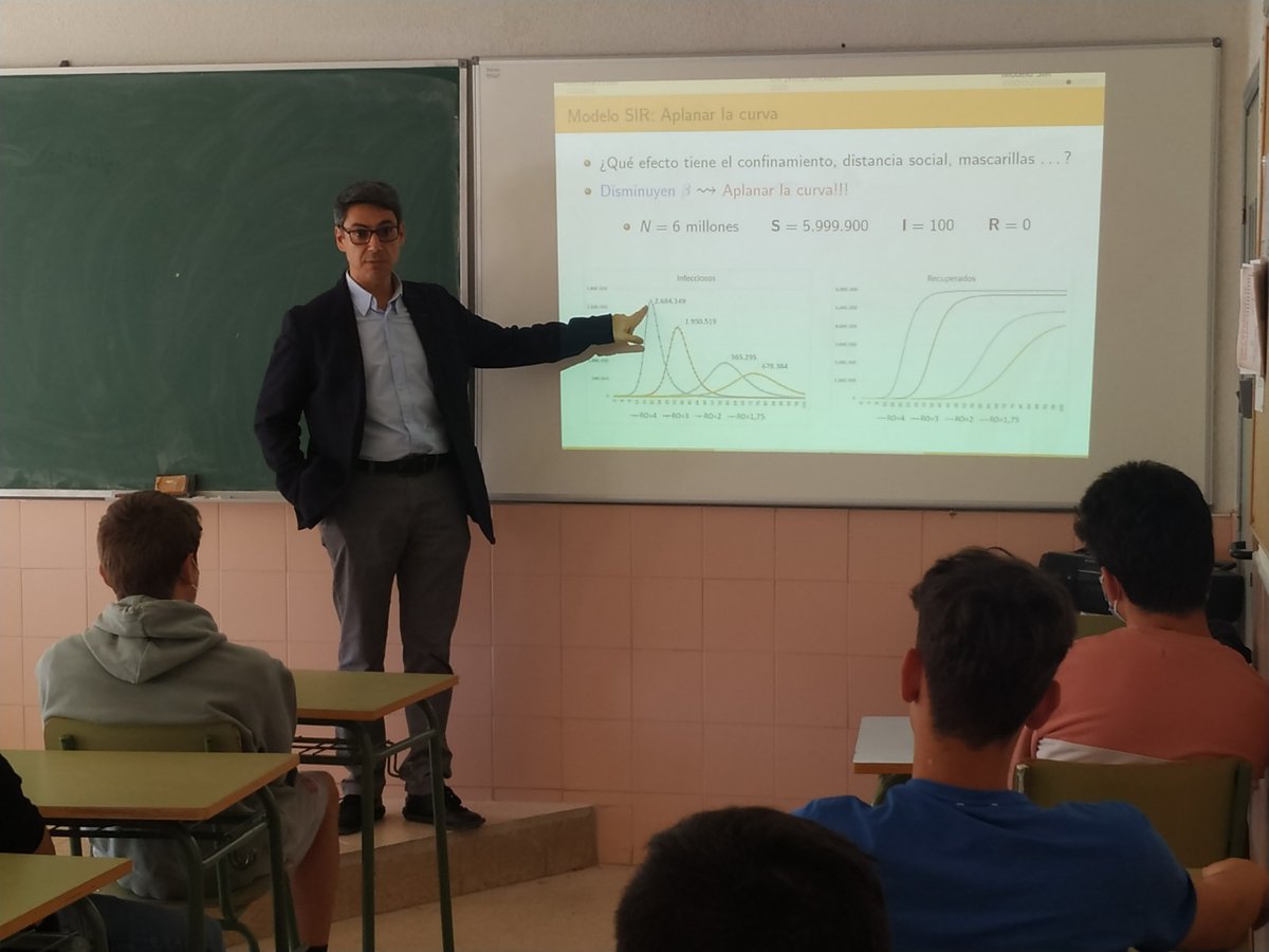 Hoy hemos acabado el taller "Matemáticas y Epidemias" en <a href="/iesmsantillana/">IesMarquesSantillana</a>. Durante dos semanas tres grupos de 4 ESO simularon el contagio de una enfermedad. Hoy hemos aprendido como funciona el modelo SIR y hemos comprobado como el modelo se ajustaba al experimento. #matematicas