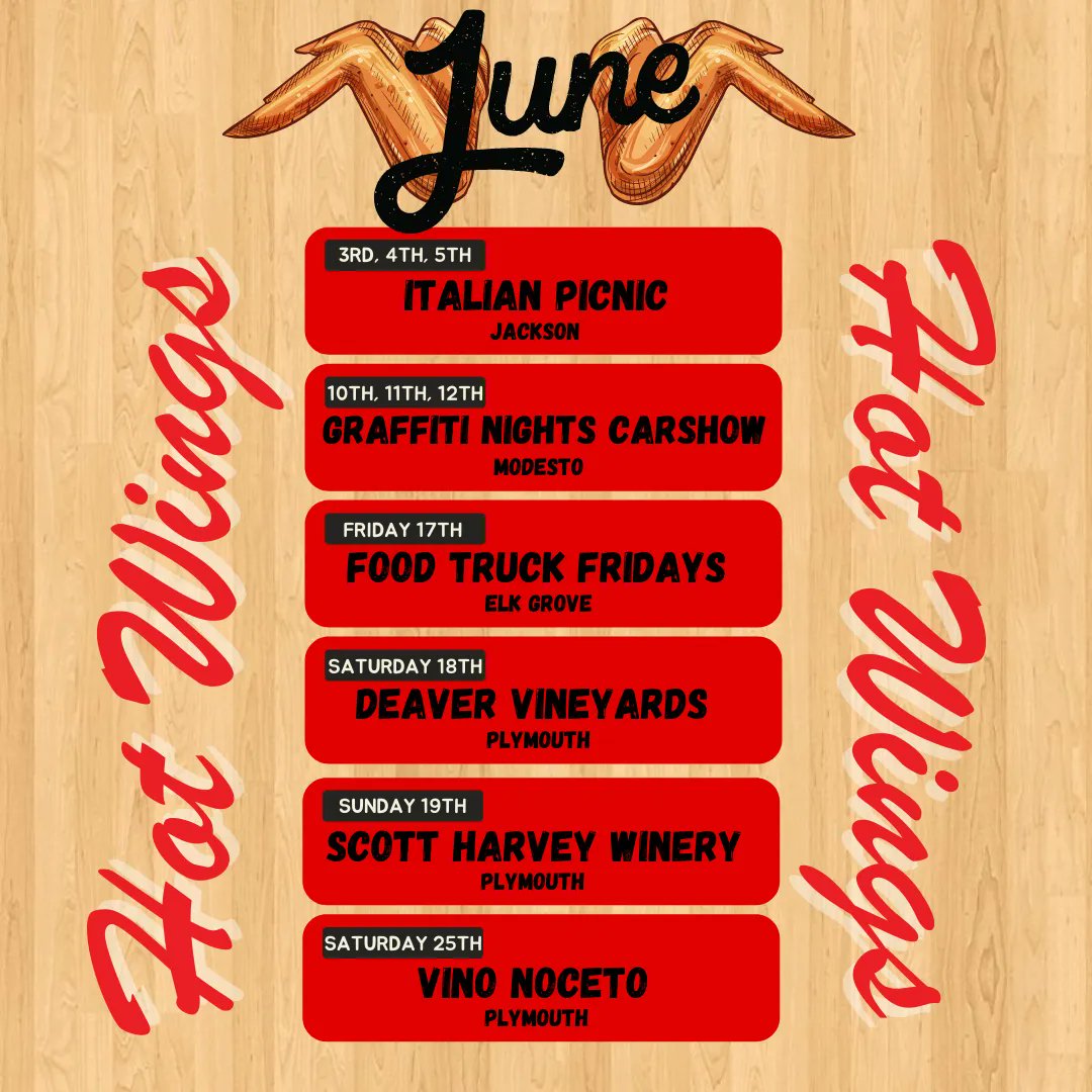 wingitonwheels's tweet photo. Here is our schedule for JUNE so far. Make sure to catch us where you can. #HotWings #FoodTrailer #WingItOnWheels #CauliflowerWings #FoodTruck #Schedule #June2022 #HotDogs #ComeFindUs https://t.co/M1hvx72umS