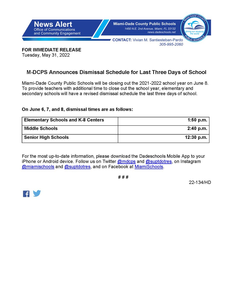 MDCPS's tweet image. Attention parents! @MDCPS Announces Dismissal Schedule for Last Three Days of School.
news.dadeschools.net/cmnc/new/32432