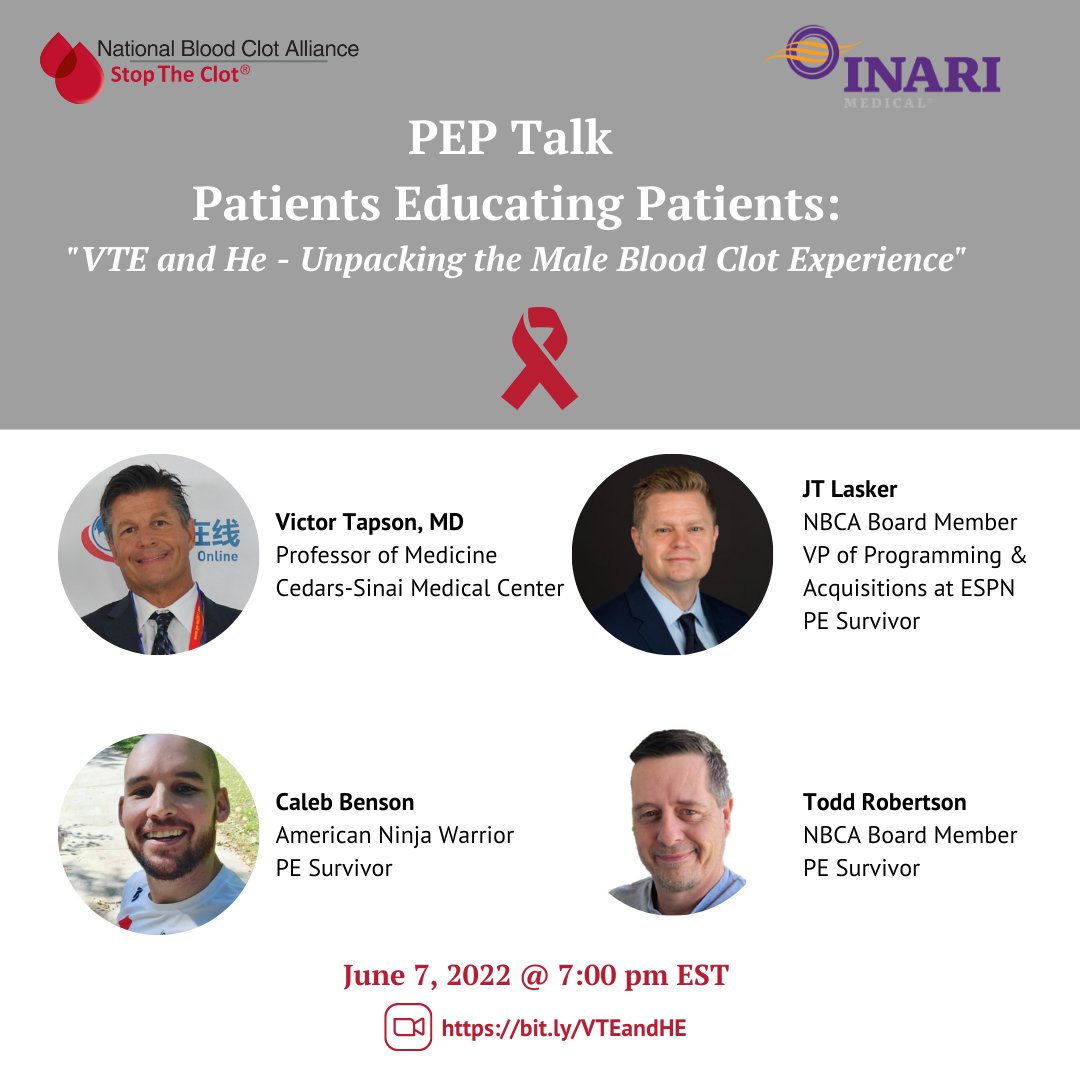StopTheClot's tweet photo. PEP Talk - VTE and HE is one week away: June 7th, 2022 at 7:00p.m. EST. Learn more about male risk factors, Factor V Leiden, athletes risk for blood clots & blood clot recurrence. Register: https://t.co/r2LOupSmKD
#stoptheclot #bloodclotawareness #dvtawareness #PEawareness https://t.co/kP60sh1c7U