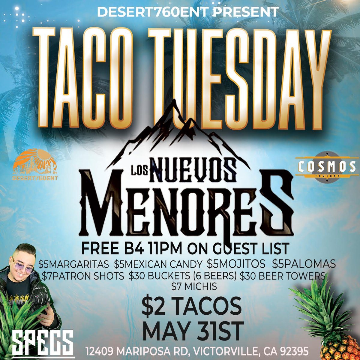 CosmosTaverna's tweet photo. Taco Tuesday with Los Nuevos Menores this week!! Don't forget our amazing $2 Tacos!  Great music and tacos every Tuesday night!  Check out Cosmos Taverna with drink specials all night!!!!  https://t.co/xoV9ol1scB https://t.co/jYpgkoOgLR