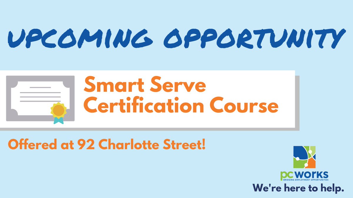 PCWorksEmploy's tweet photo. Interested in getting your Smart Serve Certification? To register call (905) 834-3629 ext. 273! #wereheretohelp #pcworks #pcworksemployment #niagaraworkshops #workshops #skillsdevelopment #portcolborne https://t.co/IN86C85Tcd
