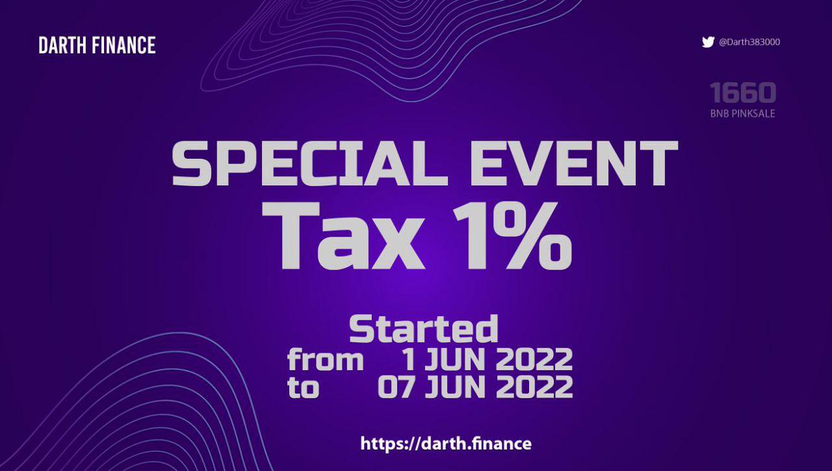 💎特别 D.F 活动💎
购买含税 1% 💰💰💰

每个人都可以购买 $DAH 只需 1% 的税
从 2022 年 6 月 1 日到 2022 年 6 月 7 日

pancakeswap.finance/swap?outputCur…

我们的网站：darth.finance

#Metaverse #P2E #1000xgem #Move2Earn #NFTGame #launchpad #GameFi #P2EGame