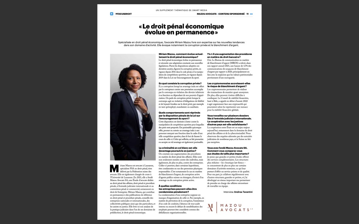 Mon interview ce mois dans le magazine Bilan sur le droit pénal économique