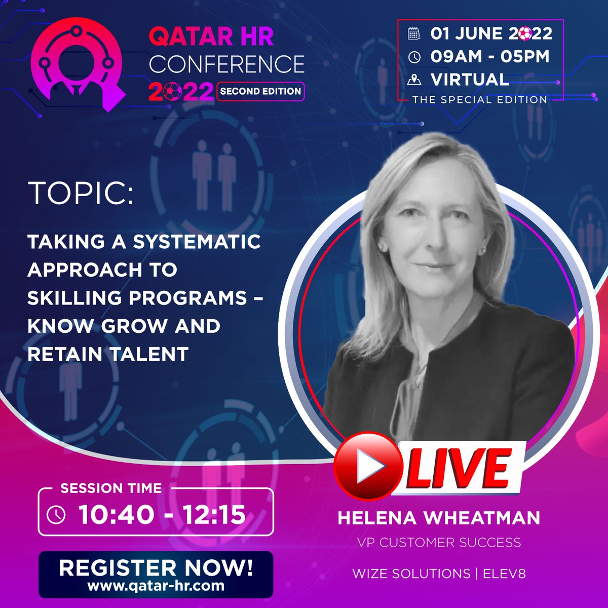 conference_hr's tweet photo. إنضم إلى هيلينا ويتمان في مؤتمر قطر للموارد البشرية 2022 في ورشة عمل بعنوان "اتباع نهج لبرامج المهارات - تعرف على المواهب واحتفظ بها "
للحضور سجل اليوم مجانا على الرابط في البايو 

Register to attend for FREE at https://t.co/TlPf4K20sF

#QatarHRCon2022 #QHRConference2022 https://t.co/kV3LzMjrp7
