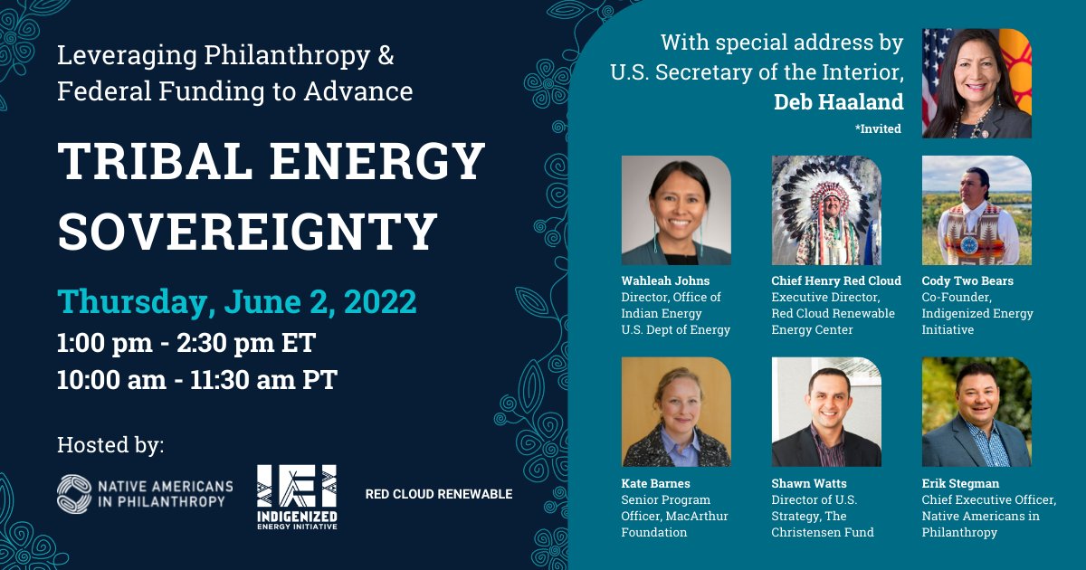 NativeGiving's tweet photo. We're so excited to collaborate with @Indigenized_IEI and Red Cloud Renewable to discuss Tribal Energy Sovereignty.  ➡️ Join us 6/2 from 1-2:30 pm ET (10-11:30 am PT). Register @ 

#NativeGiving #NativePhilanthropy #NativeNonprofit #IndigenousPeople #Intersectional https://t.co/RTZ9Oo2ztX