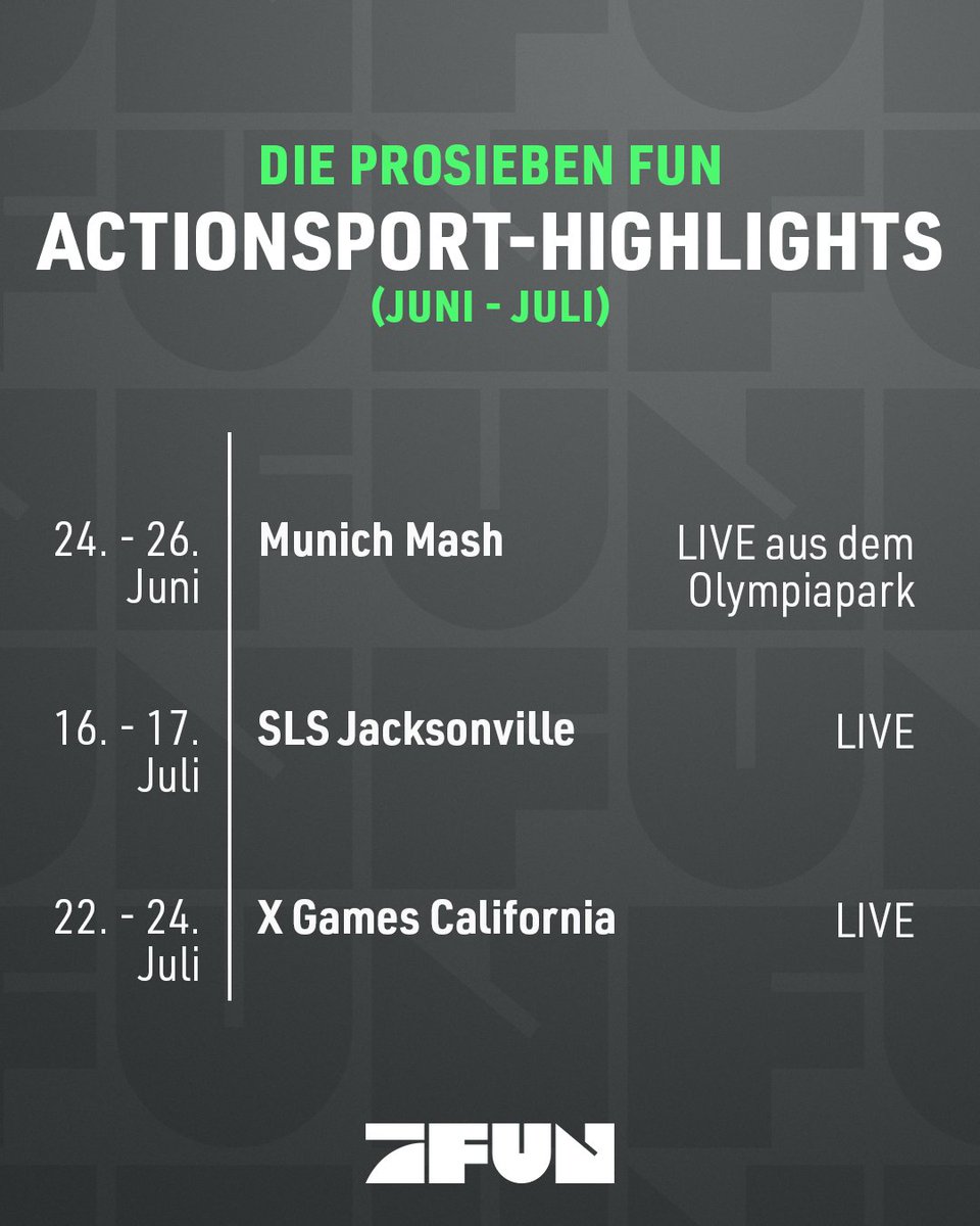 ProSiebenFUN's tweet photo. Damit ihr euren Sommer perfekt planen könnt, haben wir hier einen kleinen Überblick unserer kommenden Livesport-Events im Juni und Juli! 😎🤩

#XGamesFUN #MunichMash #SLSFUN https://t.co/nW1tRvP9p9