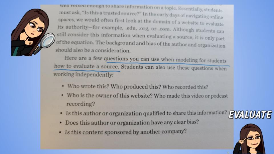 CHUHScience's tweet image. Helpful questions you can use when modeling for students how to evaluate a source! #EdTechEssentials @CHUHtechnology #BookSnap