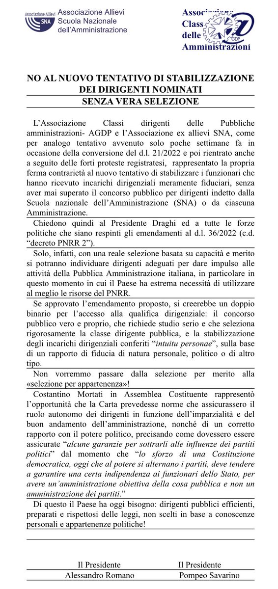Alessandro Romano (@stenromano) on Twitter photo Noi di <a href="/AllieviSNA/">Allievi Scuola Nazionale dell’Amministrazione</a> insieme <a href="/agdpit/">Agdp.it</a> diciamo no al nuovo tentativo di stabilizzazione dei dirigenti nominati senza vera selezione ! <a href="/AntonioNaddeo/">Antonio Naddeo</a> <a href="/FunzPub/">Dipartimento della funzione pubblica</a> #PNRR Noi di <a href="/AllieviSNA/">Allievi Scuola Nazionale dell’Amministrazione</a> insieme <a href="/agdpit/">Agdp.it</a> diciamo no al nuovo tentativo di stabilizzazione dei dirigenti nominati senza vera selezione ! <a href="/AntonioNaddeo/">Antonio Naddeo</a> <a href="/FunzPub/">Dipartimento della funzione pubblica</a> #PNRR