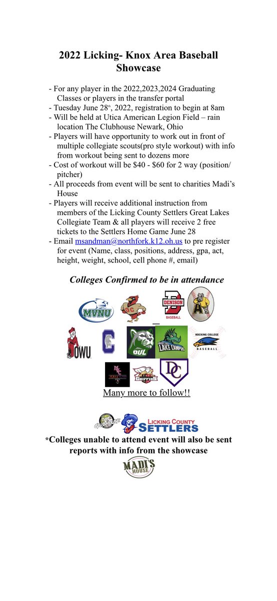 3rd annual Licking/ Knox showcase! Open to any HS player in Ohio! Adding colleges daily! College coaches if you see this and want in or want info or would like to receive info contact me today!