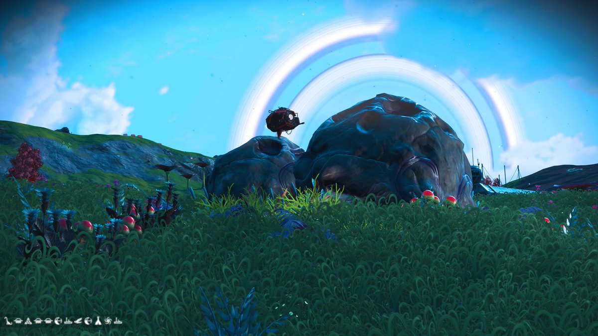 Richard52268932's tweet photo. No Mans Sky-Happy accident- I happened to land on a Grassy planet, not expecting anything, to my shock it was lovely, balmy weather, no storms, it has sentinels but so far they've ignored me, loads of wildlife and giant squares #NoMansSky #hellogames #euclid #BlueSky #greengrass https://t.co/APrLR4qn0Z