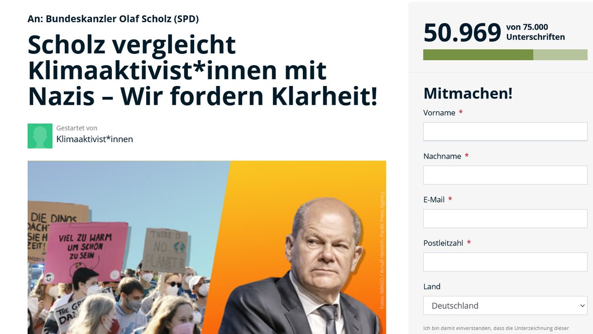 Über 50.000 Menschen haben seit gestern Nachmittag bereits das Statement von Klimaaktivist:innen an <a href="/OlafScholz/">Olaf Scholz</a> unterstützt.

👉 Unterzeichne jetzt mit! fffutu.re/WTFScholz