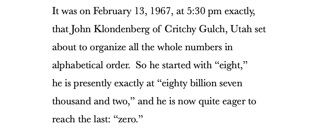 A mini-story, translated from 
Contes liquides, Jaime Montestrela and Hervé Le Tellier

A #math question: How long would it take to "count" to 80,000,007,002, in alphabetical order?