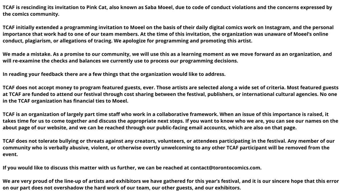 TCAF's statement regarding Pink Cat. Please visit torontocomics.com/blog to read the full statement.