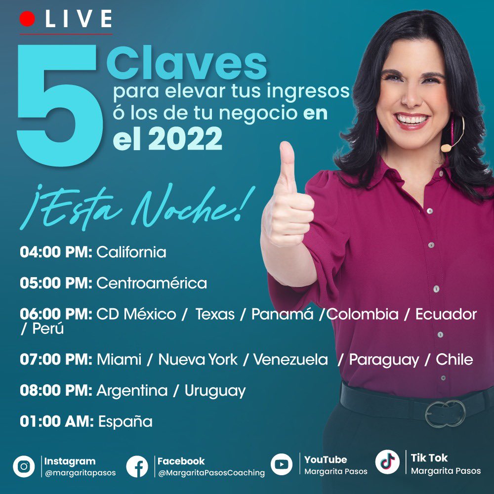 margaritapasos's tweet photo. 👉Cansado de no lograr tus metas o buscas acelerar tu éxito: ESTE LIVE ES PARA TI🔥
Hoy les compartiré👉5 de los conceptos maravillosos 🔥que he aprendido de mis mentores para crecer en todo tipo de economía.
✅DONDE: Todas mis redes
✅HORA: Ver foto
#envivo #tipsdenegocios https://t.co/VUZsO0SEUU