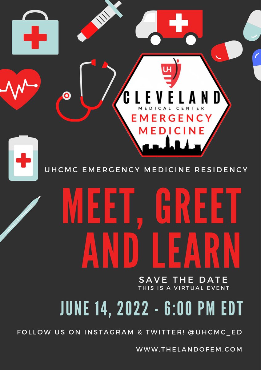 UHCMC_ED's tweet photo. 📣#EMbound #MedStudents📣 
Join us virtually on June 14 at 6p for our 1st Meet, Greet, &amp; Learn! Meet our team, get to know our program, &amp; learn some clinical pearls to use on your next ED shift!
🔗https://t.co/j3xN6vDlWs 
#MedStudentTwitter #matchday2023 #CLErising #Believeland https://t.co/lnH4Hy7ads