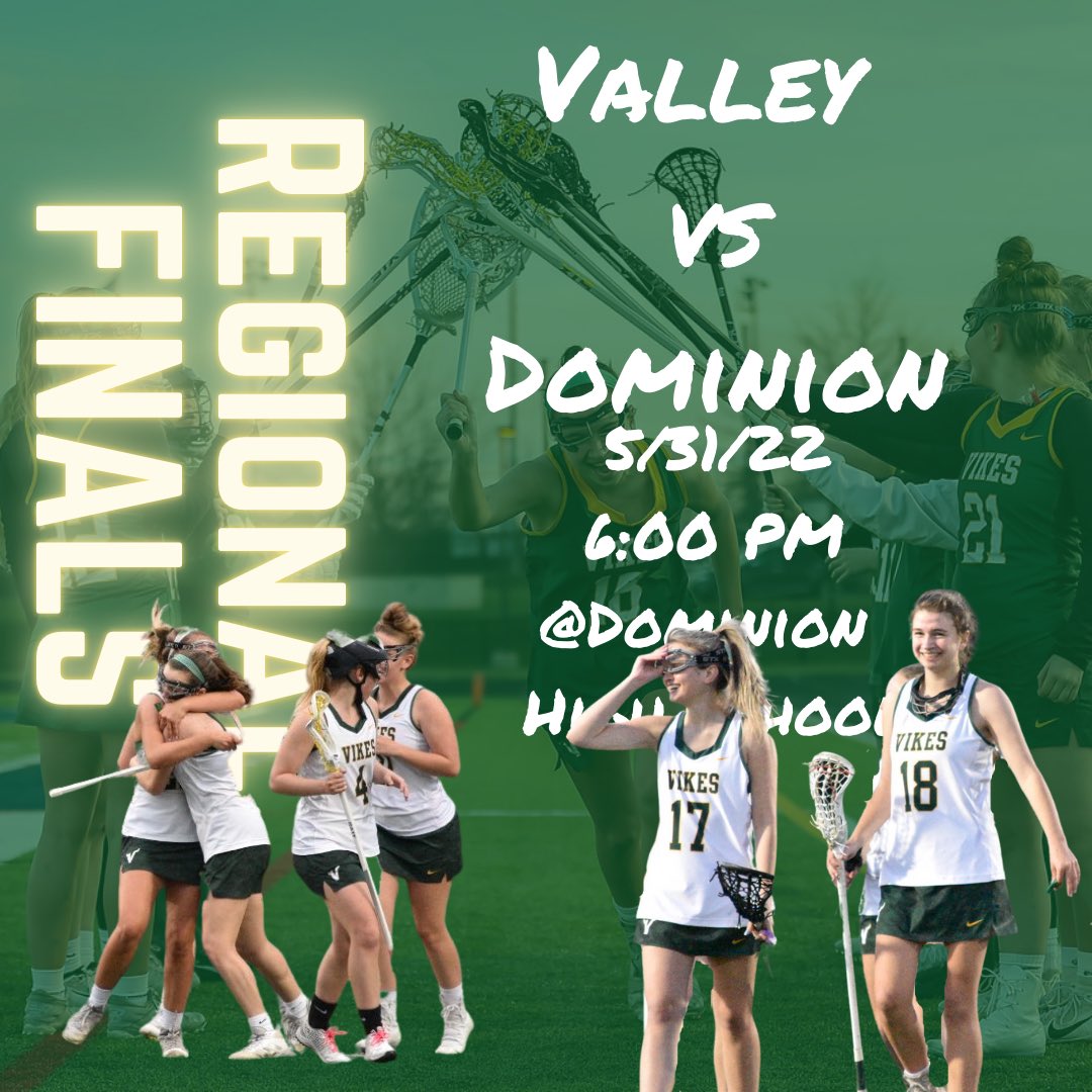 LVHS GLAX (@vikesglax) on Twitter photo ⚡️Regional FINALS⚡️
🆚Dominion
📍Dominion High School
⏰ 6:00 PM
🥍 Region 4C Finals today against Dominion. We get to play lacrosse today! 🏆
#FEAR #PLAYOFFS #LACROSSE
<a href="/NFHSNetwork/">NFHS Network</a> <a href="/ValleyBoosters/">Loudoun Valley Athletic Boosters</a> <a href="/LoCoSports/">LoCoSports</a> <a href="/VivaLoudoun/">Viva Loudoun</a> <a href="/LVHS_official/">Loudoun Valley HS</a> ⚡️Regional FINALS⚡️
🆚Dominion
📍Dominion High School
⏰ 6:00 PM
🥍 Region 4C Finals today against Dominion. We get to play lacrosse today! 🏆
#FEAR #PLAYOFFS #LACROSSE
<a href="/NFHSNetwork/">NFHS Network</a> <a href="/ValleyBoosters/">Loudoun Valley Athletic Boosters</a> <a href="/LoCoSports/">LoCoSports</a> <a href="/VivaLoudoun/">Viva Loudoun</a> <a href="/LVHS_official/">Loudoun Valley HS</a>