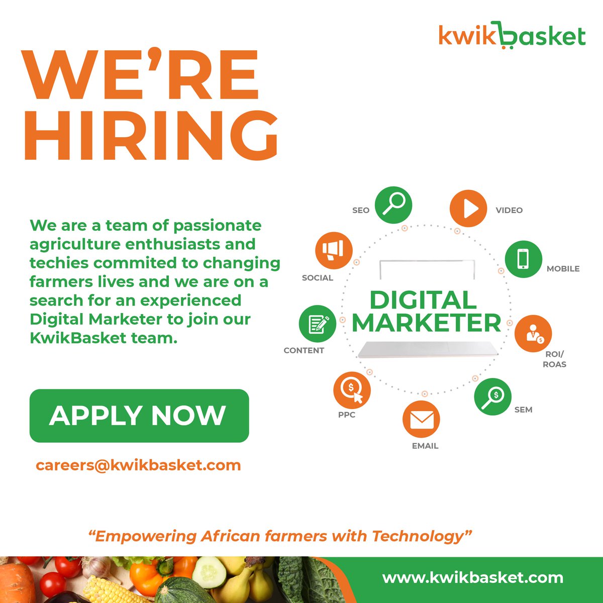 AnandNagothu's tweet photo. We are hiring a #digitalmarketer to join our leadership team at @kwikbasket.  If you are excited to join a growing tech company that is solving farmer’s access to market problem using digital technologies, please send your profile to careers@kwikbasket.com. Preference is Nairobi. https://t.co/gzKzjVC2XA