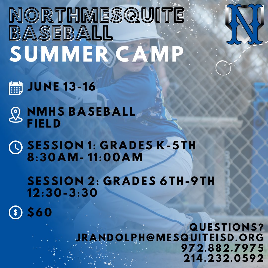 North Mesquite HS (@northmesquitehs) on Twitter photo Stallions! NM summer baseball camp registration is now open!
Tinyurl.com/nmhsbaseball
<a href="/j_randolph3/">Jared Randolph</a> <a href="/NM_HSBaseball/">NMHS Baseball</a> Stallions! NM summer baseball camp registration is now open!
Tinyurl.com/nmhsbaseball
<a href="/j_randolph3/">Jared Randolph</a> <a href="/NM_HSBaseball/">NMHS Baseball</a>