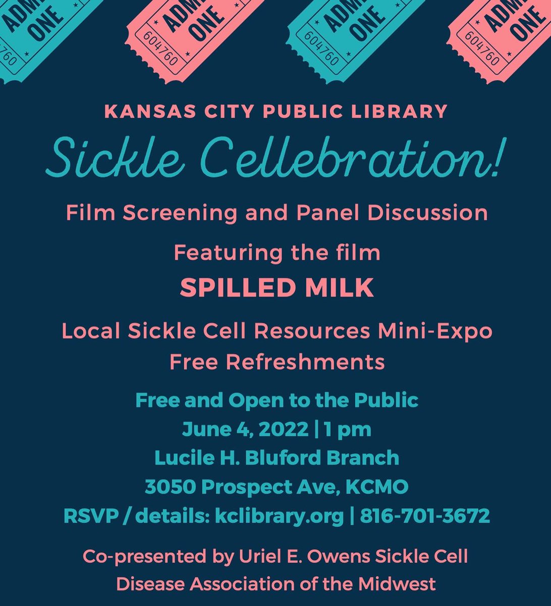 UEOSickleCell's tweet photo. Join us & @KCLibrary for a day of raising awareness. Enjoy a screening of Spilled Milk followed by a panel discussion with patients, provider, & filmmaker Jaqai Mickelsen. June 4th, 2022 @ 1 PM. Register for this free at https://t.co/3guZhA8Q4H.
#kclibrary #sicklecellmidwest https://t.co/1LN8OIEMTg