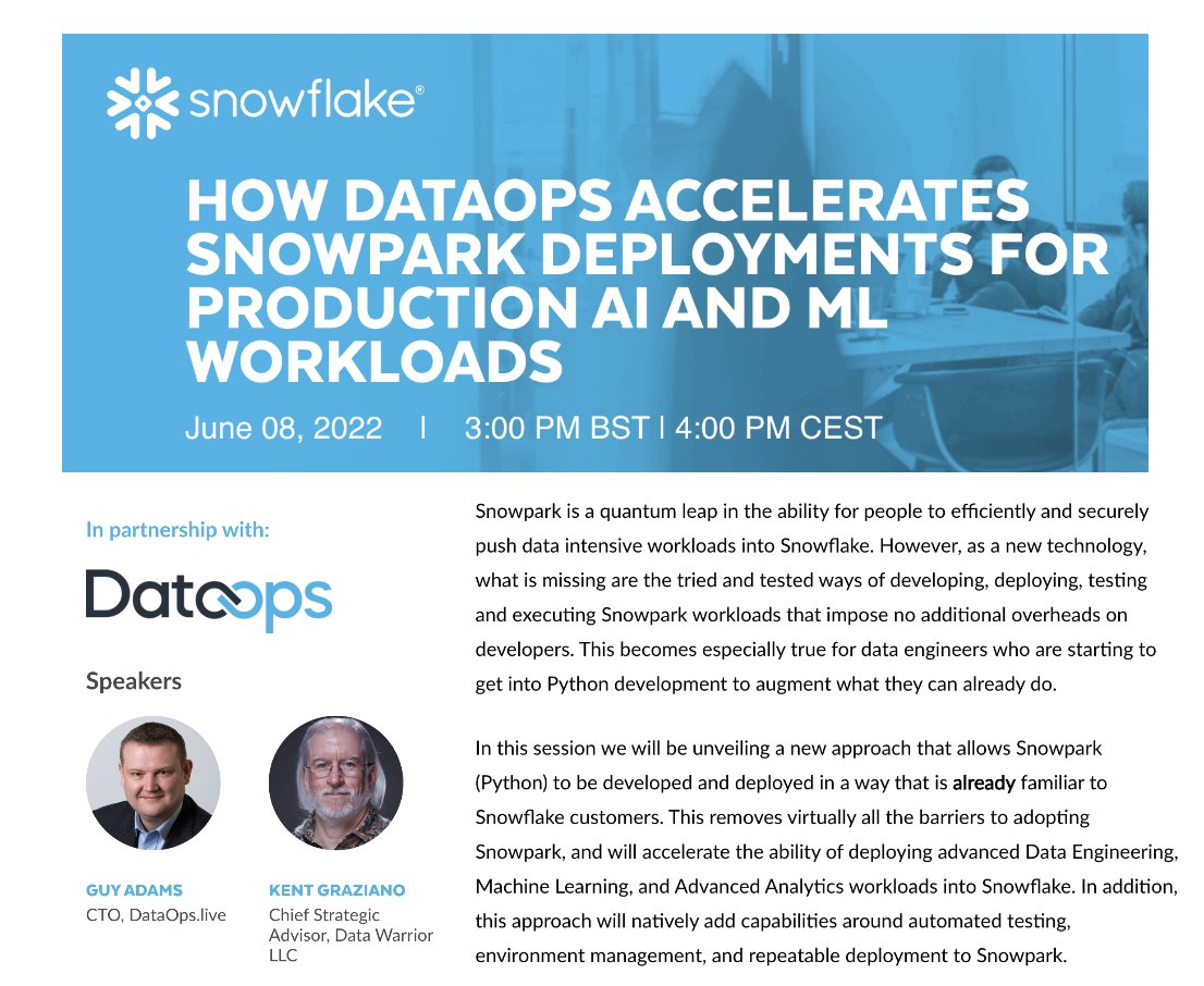 jmarchese's tweet image. @DataOpslive partners w/ @SnowflakeDB to present this technical webinar June 8th, 3pm BST | 10am EDT, featuring Guy Adams, CTO #DataOpsLive &amp;amp; Kent Graziano to discuss &quot;How DataOps Accelerates Snowpark Deployments for Production Workloads.&quot; 

Register HERE: tinyurl.com/DataOpsLiveMar…