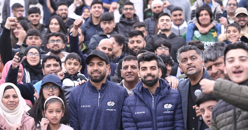 YorkshireCCC's tweet photo. Haris Rauf and Shadab Khan were the star attractions at a community event hosted at Park Avenue Bradford last night. #OneRose