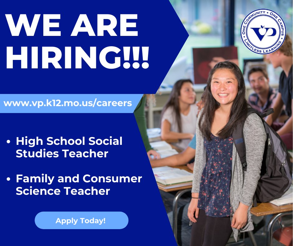 The <a href="/ValleyParkSD/">ValleyParkSchoolDist</a> is NOW HIRING for 2022-2023!
We are dedicated to providing a safe &amp; supportive environment of belonging where personalized learning experiences prepare our students for limitless opportunities! vp.k12.mo.us/careers #Vppride