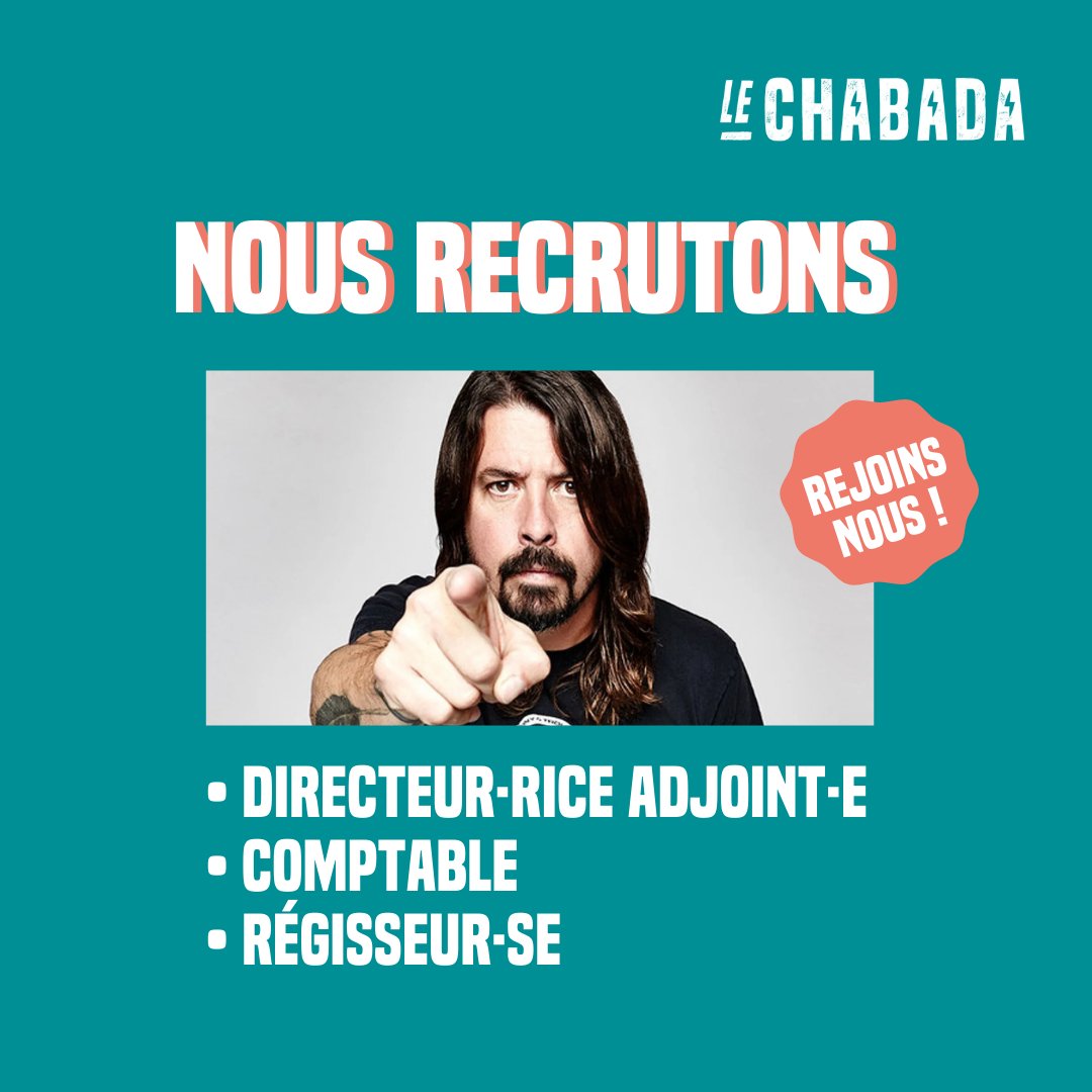 FMontupet's tweet photo. #Job 👊 Les collègues du @lechabada recrutent : 

• Un·e Directeur·rice Adjoint·e
• Un·e Régisseur·se 
• Un·e Comptable

📍https://t.co/idXg54q2oi https://t.co/Ma5TX1w46i