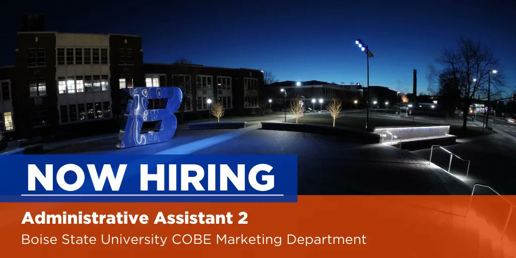 Boise State is currently seeking an Administrative Assistant 2 in the COBE Marketing Department. The Administrative Assistant 2 will perform complex clerical, office administration, and public relations assignments. 

#ApplyNow: buff.ly/38uAlNm