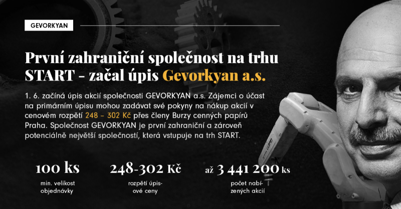 prazskaburza's tweet photo. Právě byl zahájen úpis akcií společnosti #GEVORKYAN⤵️
Zájemci mohou zadávat své pokyny na nákup akcií v cenovém rozpětí 248-302 Kč prostřednictvím členů #BCPP. Úpis končí 15. 6. ve 12:00. Další informace najdete na stránkách emitenta na https://t.co/rx0BeXRzgm.
#IPO #trhSTART
