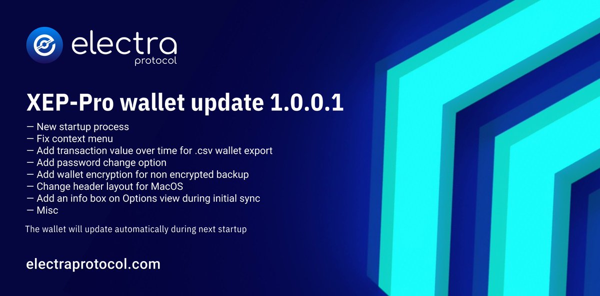 ElectraProtocol's tweet photo. XEP-Pro wallet update.

Your wallet will automatically update itself during the next startup.

#XEP🧿 https://t.co/1FBUn9HIkp